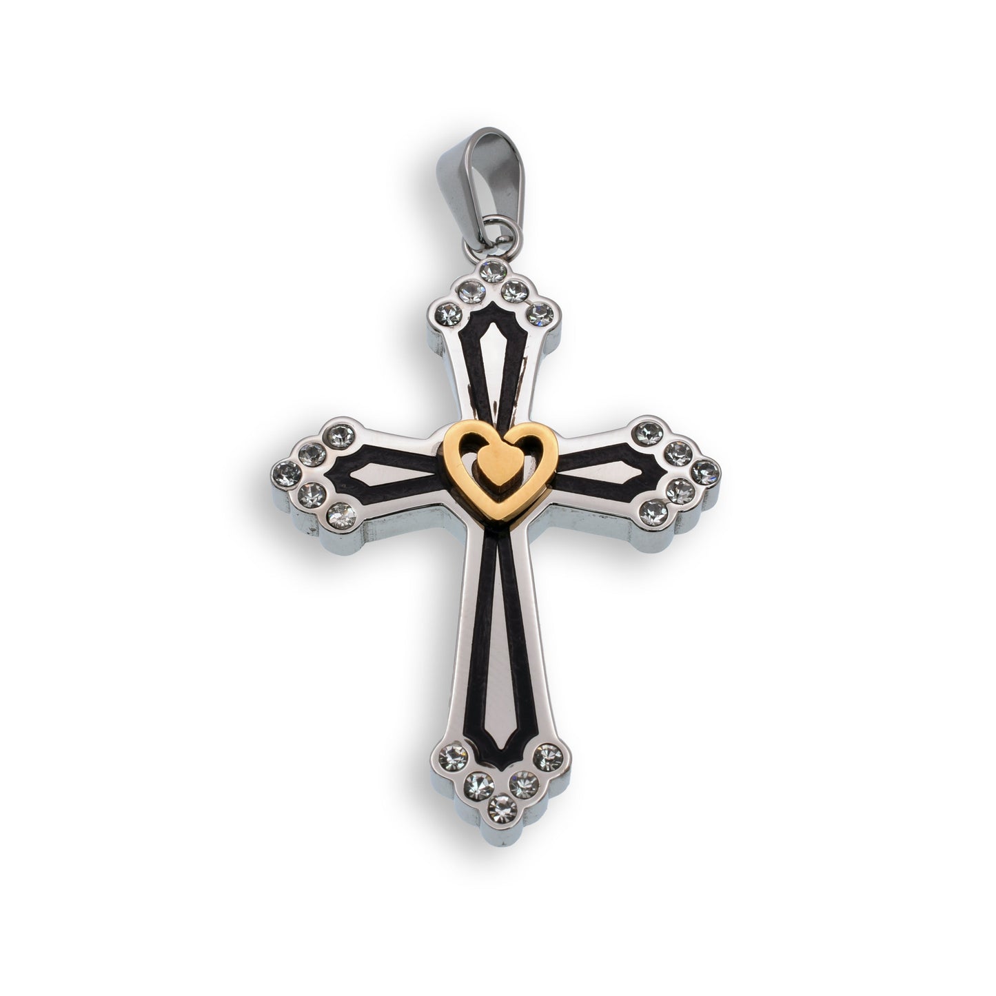 Black Rhodium & Gold Plated Stainless Steel Clear CZ Heart Cross Pendant Charm