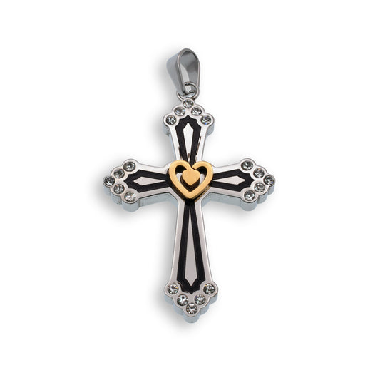 Black Rhodium & Gold Plated Stainless Steel Clear CZ Heart Cross Pendant Charm