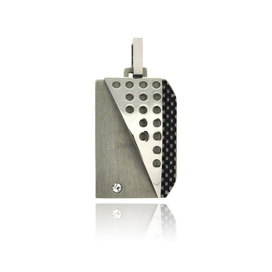 Rhodium Plated Stainless Steel Textured Clear CZ Dog Tag Pendant Charm