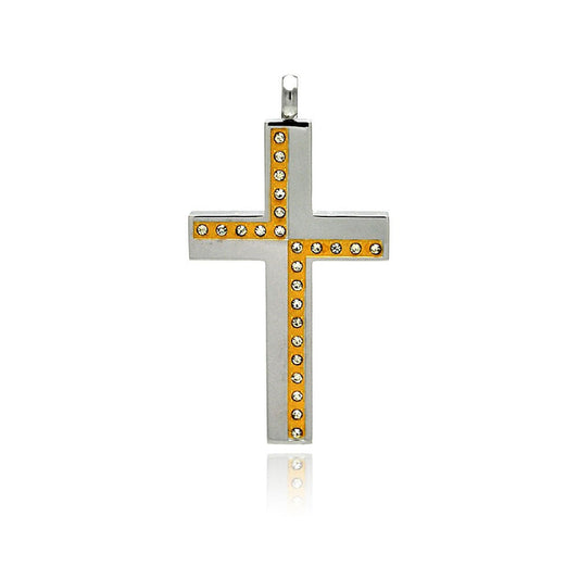 Two Tone Gold & Rhodium Plated Stainless Steel Clear CZ Cross Pendant Charm