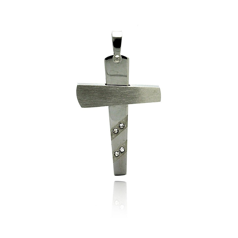 Rhodium Plated Stainless Steel Striped Clear CZ Cross Pendant Christian Charm