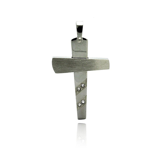 Rhodium Plated Stainless Steel Striped Clear CZ Cross Pendant Christian Charm