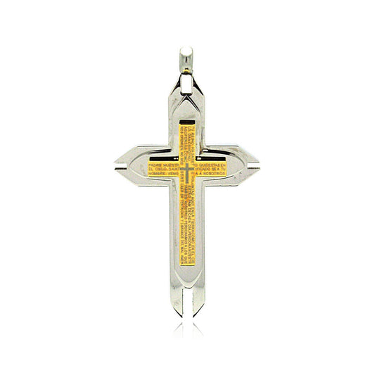 Gold & Rhodium Plated Stainless Layered Spanish Our Father Prayer Cross Pendant