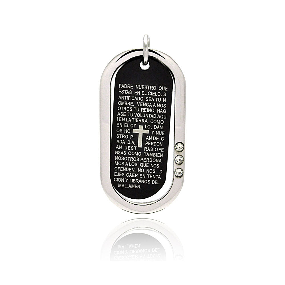 Black & Rhodium Plated Stainless Steel Spanish Our Father CZ Dog Tag Pendant