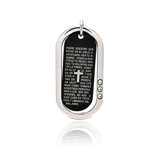 Black & Rhodium Plated Stainless Steel Spanish Our Father CZ Dog Tag Pendant