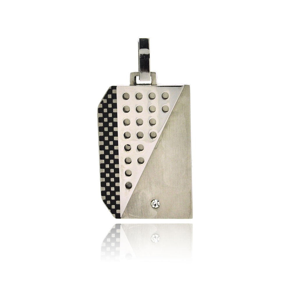 Rhodium Plated Stainless Layered Multi Textured Clear CZ Dog Tag Pendant Charm