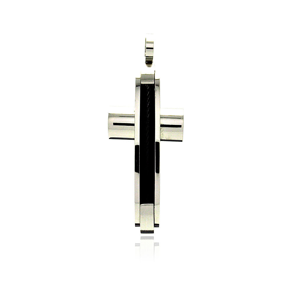 Rhodium Plated Stainless Steel Black Cable Cross Pendant Christian Charm
