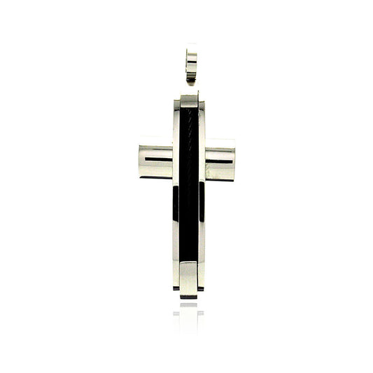 Rhodium Plated Stainless Steel Black Cable Cross Pendant Christian Charm