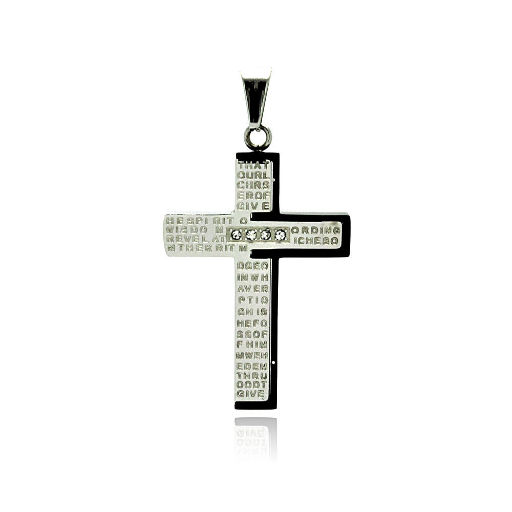 Black & Rhodium Plated Stainless Steel CZ Lord's Prayer Cross Pendant Charm