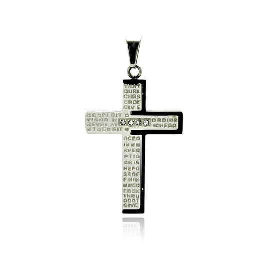 Black & Rhodium Plated Stainless Steel CZ Lord's Prayer Cross Pendant Charm