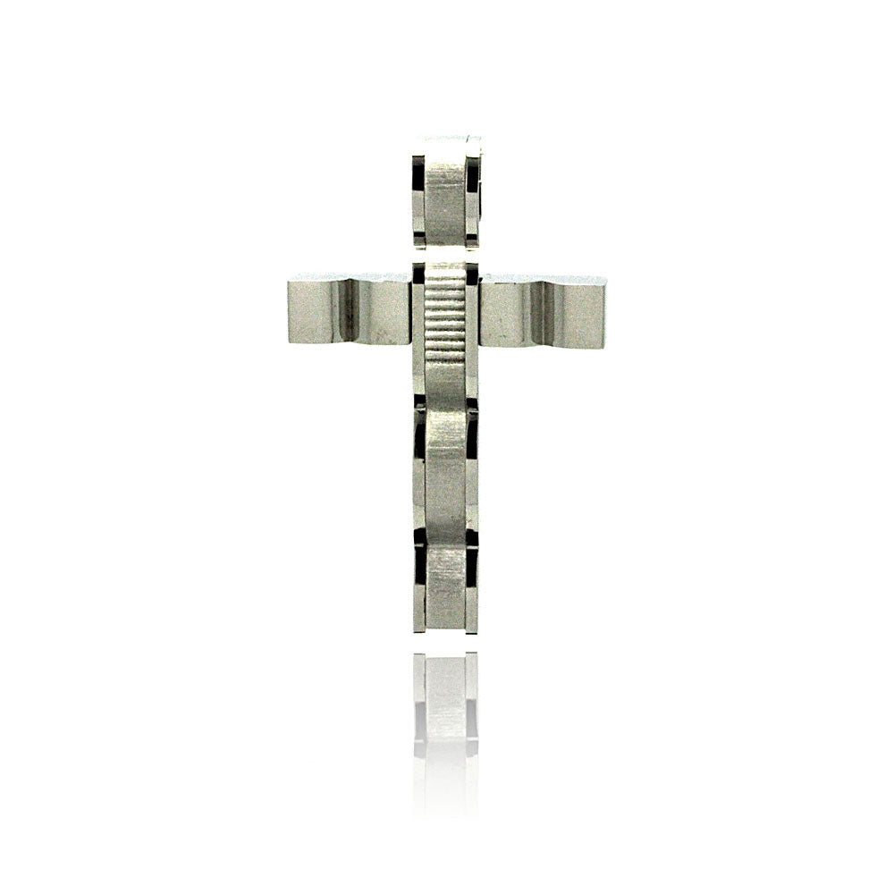 Rhodium Plated Stainless Steel Multi Texture Cross Pendant Christian Charm