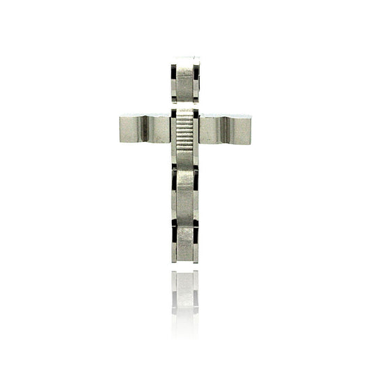 Rhodium Plated Stainless Steel Multi Texture Cross Pendant Christian Charm