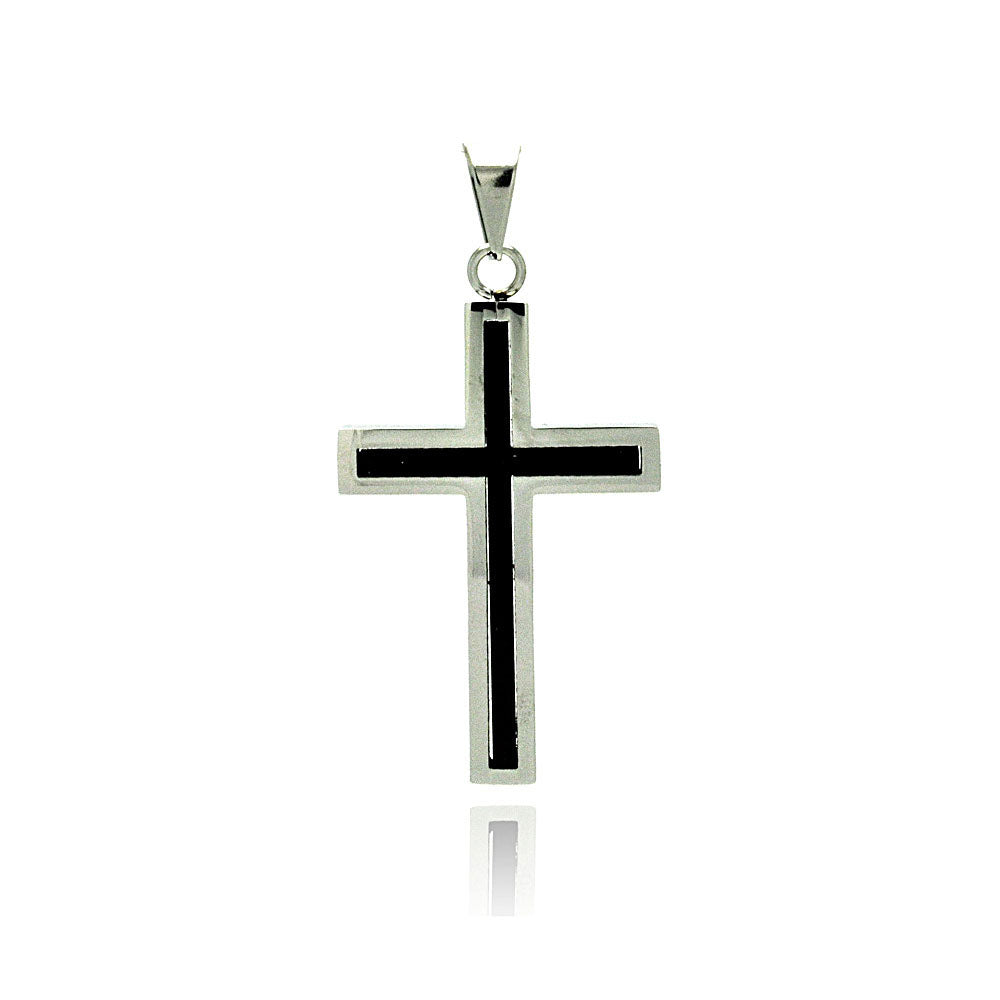 Black & Rhodium Plated Stainless Steel Cross Pendant Christian Faith Charm