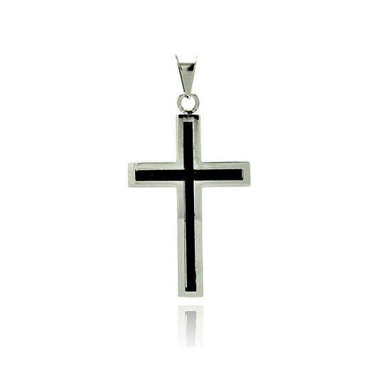 Black & Rhodium Plated Stainless Steel Cross Pendant Christian Faith Charm