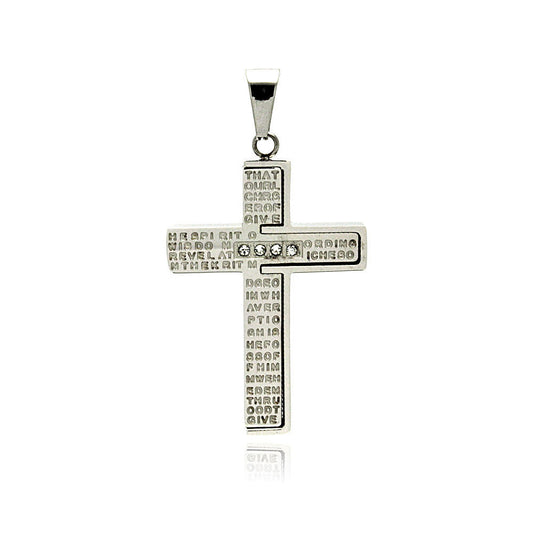Rhodium Plated Stainless Steel Bible Verse Clear CZ Cross Pendant Christian