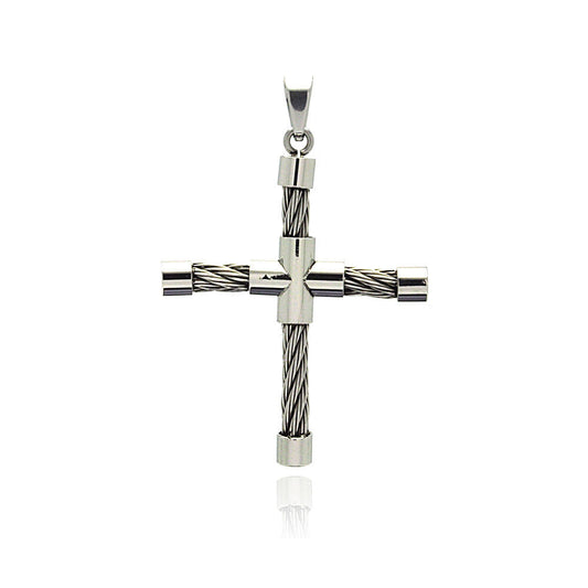 Rhodium Plated Stainless Steel Cable Cross Pendant Christian Faith Charm