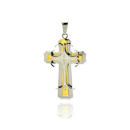 Gold & Rhodium Plated Stainless Steel Layered Embellished Cross Pendant Charm