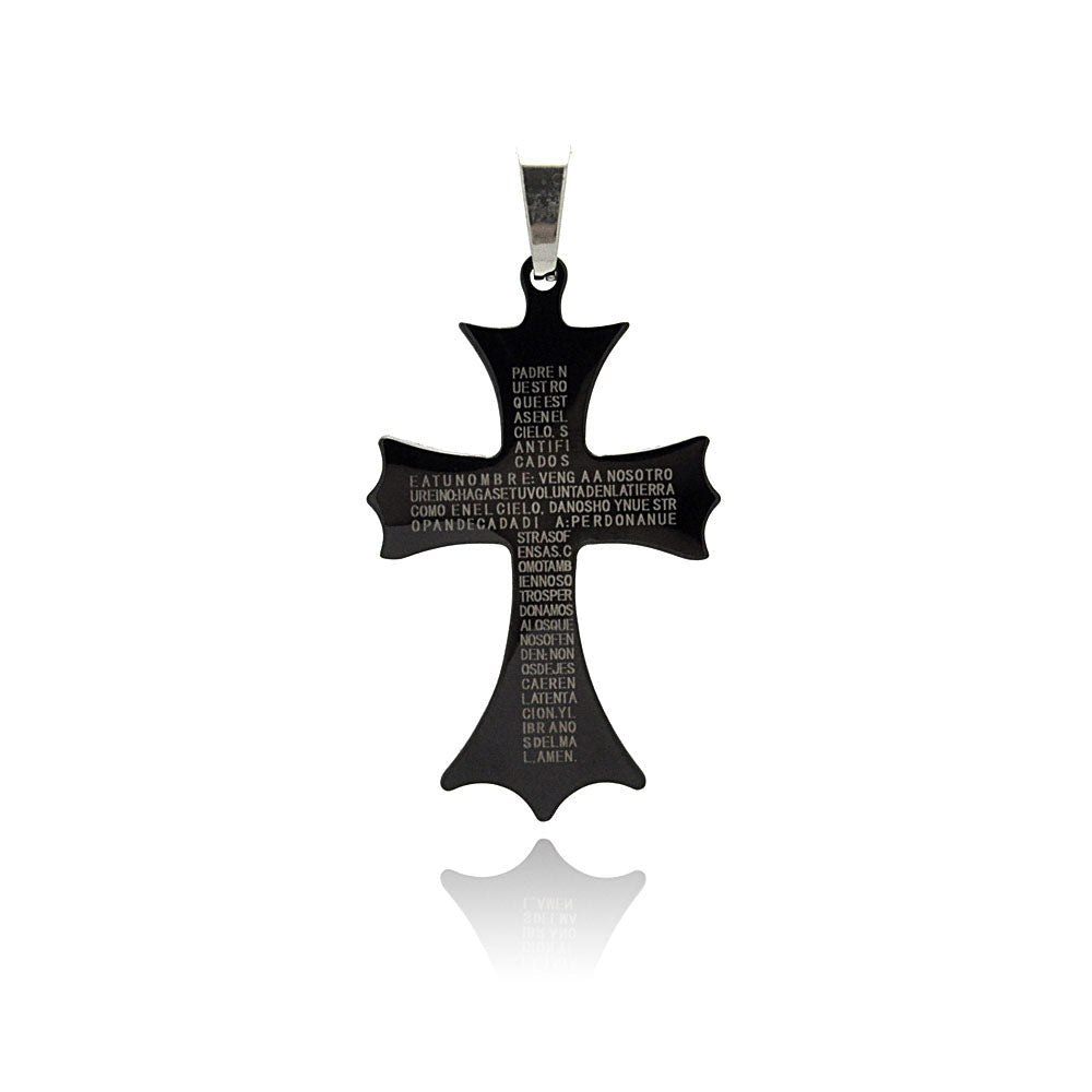 Black Rhodium Plated Stainless Steel Spanish Our Father Cross Pendant Charm