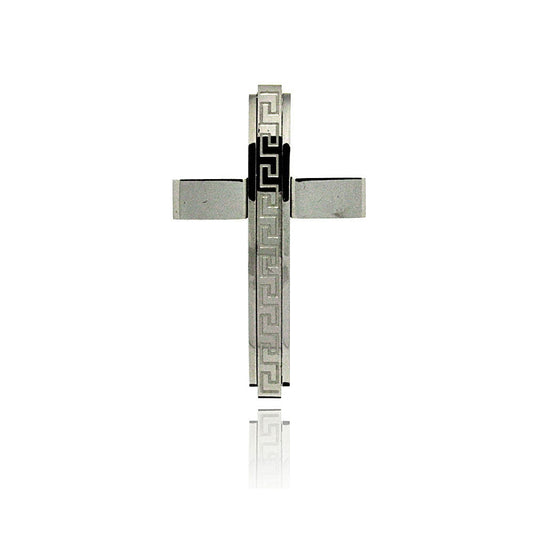 Rhodium Plated Stainless Steel Greek Key Cross Pendant Christian Charm