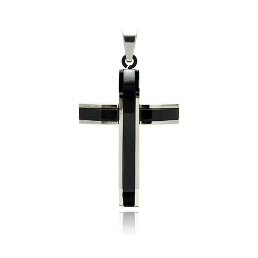 Black & Rhodium Plated Stainless Steel Bulky Cross Pendant Christian Charm