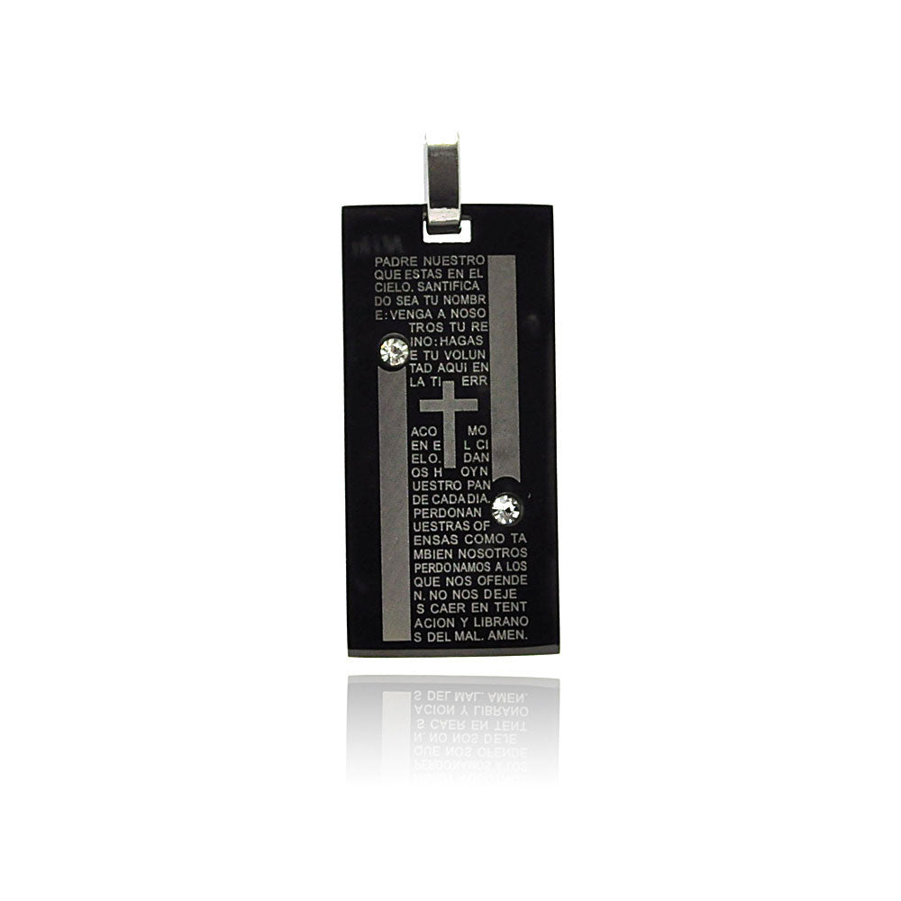 Black & Rhodium Plated Stainless Steel Our Father Prayer Pendant Christian Charm