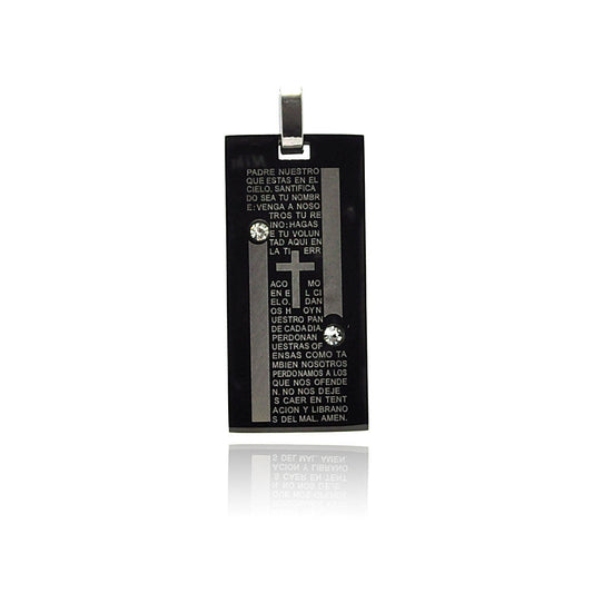 Black & Rhodium Plated Stainless Steel Our Father Prayer Pendant Christian Charm