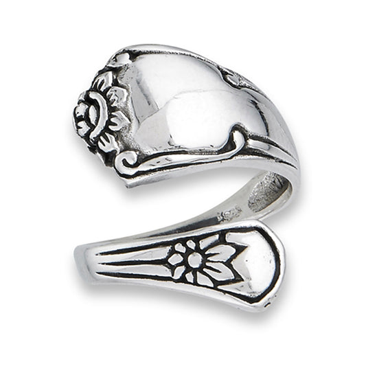 Victorian Style Adjustable Spoon Flower Ring 925 Sterling Silver Band Sizes 6-10