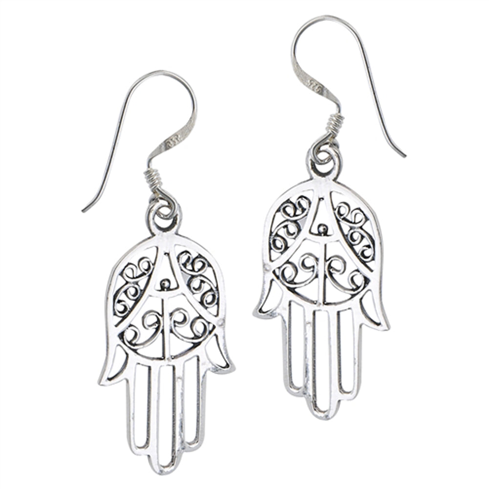Hand of God Hamsa Filigree .925 Sterling Silver Symbol Fatima High Polish Earrings