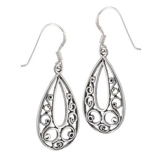 Teardrop Dangle Filigree Scroll Open .925 Sterling Silver Swirl Bohemian Earrings