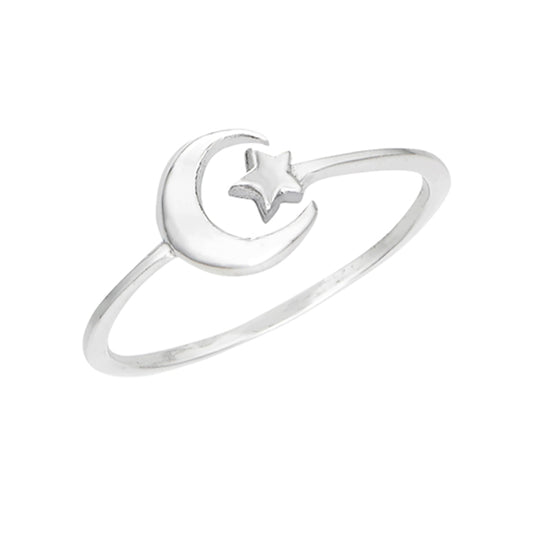 Sterling Silver Crescent Half Moon And Star Band Midi Toe Adjustable Ring 925