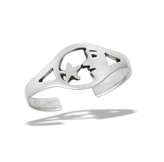 Adjustable Sterling Silver Man In The Moon Star Open Toe Ring 925 New Midi Band