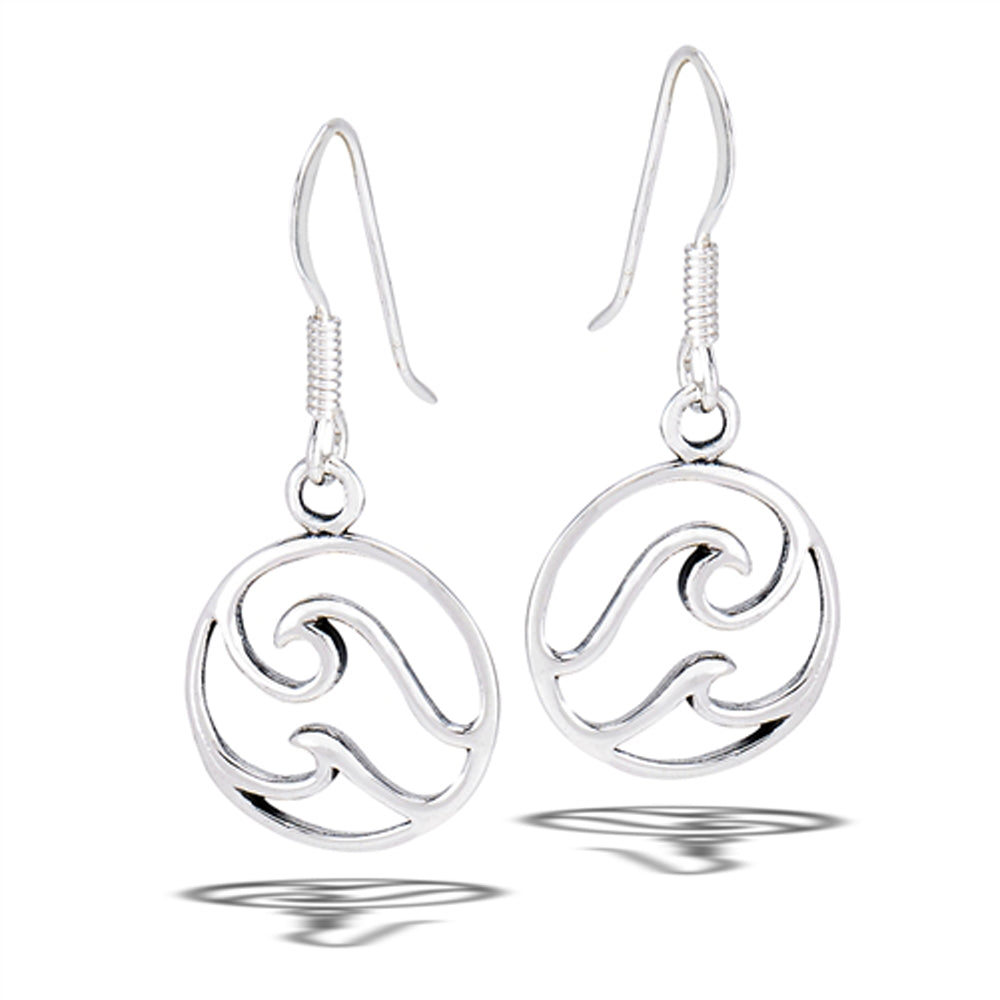 Sterling Silver Ocean Wave Outline Circle Modern Dangle Hook Earrings 925 New
