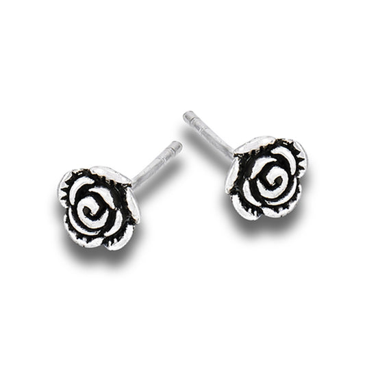 Stylish Sterling Silver Oxidized Rose Flower Nature Stud Earrings 925 New