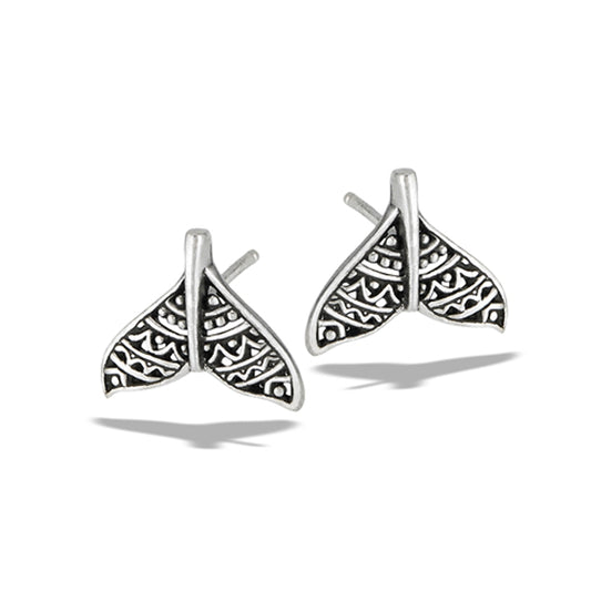 Boho Sterling Silver Oxidized Ornate Whale Tail Nautical Stud Earrings 925 New