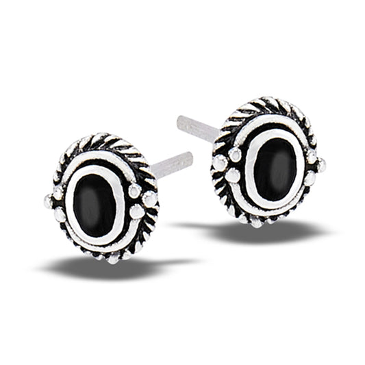 Sterling Silver Bali Style Oval Rope Halo Black Onyx Stud Earrings 925 New