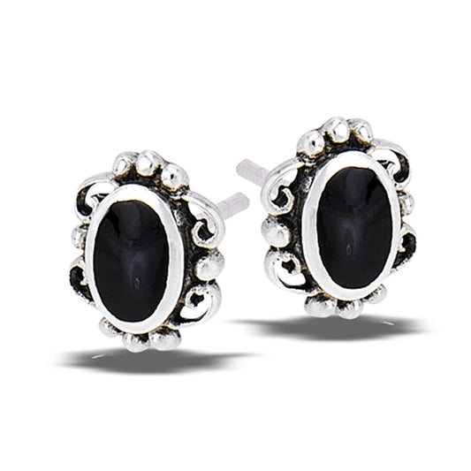Sterling Silver Filigree Oval Black Onyx Victorian Frame Stud Earrings 925 New
