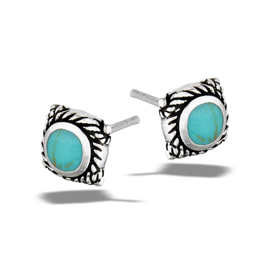 Sterling Silver Bali Square Round Turquoise Rope Detail Stud Earrings 925 New