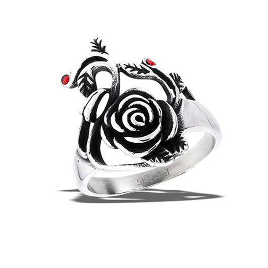 Stainless Steel Garnet CZ Rose Ring