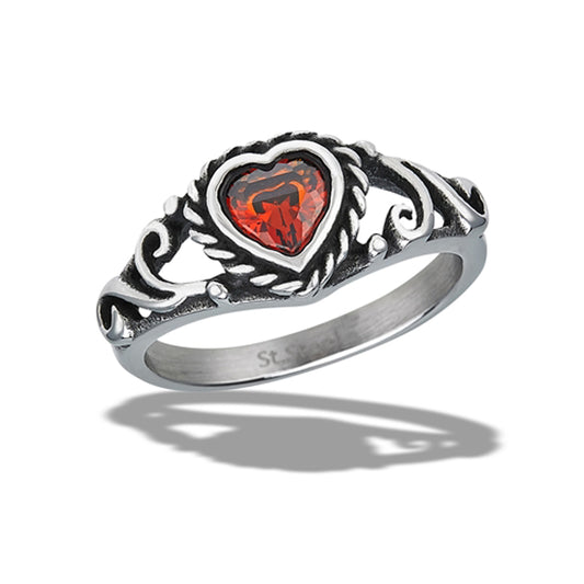 Stainless Steel Garnet CZ Heart Ring