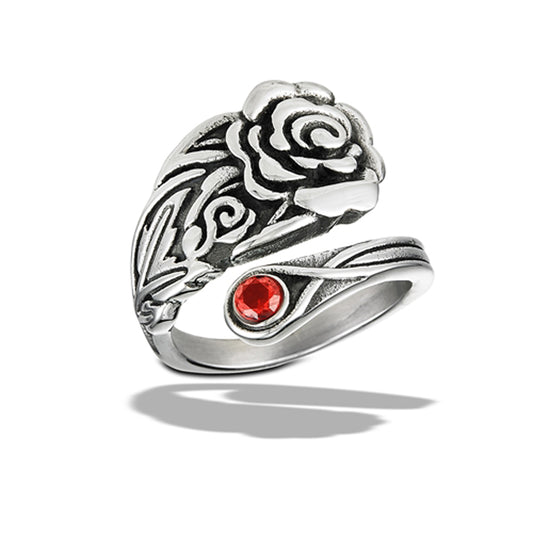 Stainless Steel Garnet CZ Rose Spoon Ring