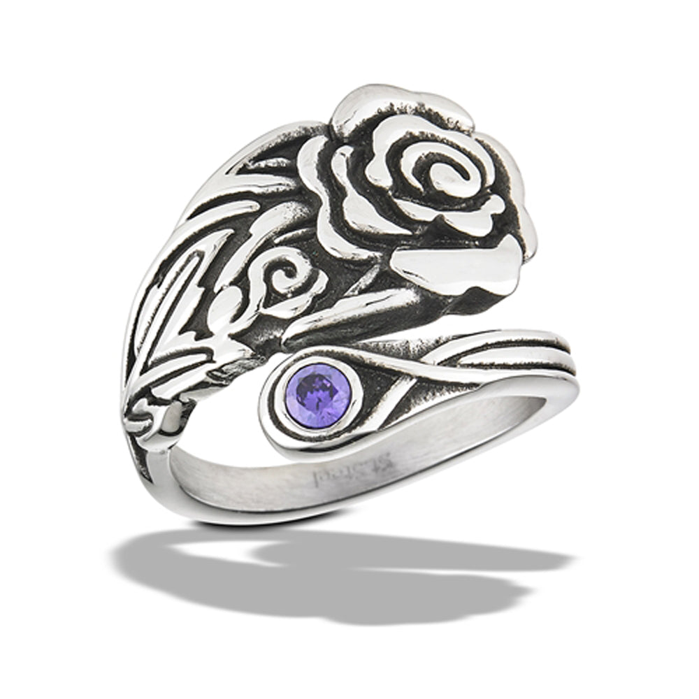 Stainless Steel Rose Spoon Amethyst CZ Ring
