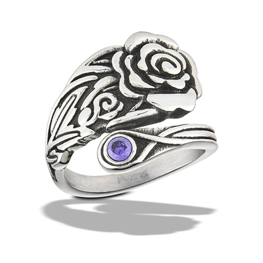Stainless Steel Rose Spoon Amethyst CZ Ring