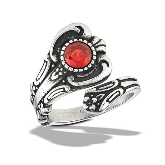 Stainless Steel Garnet CZ Victorian Spoon Ring