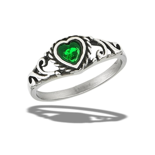 Stainless Steel Emerald CZ Heart Ring