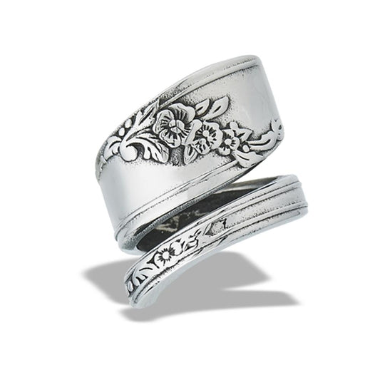 Stainless Steel Antiqued Flower Spoon Ring