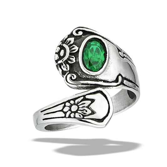 Stainless Steel Emerald CZ Spoon Ring