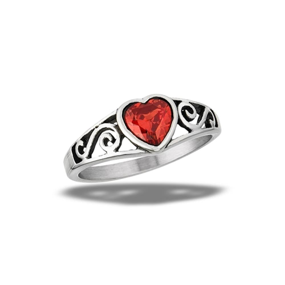 Stainless Steel Garnet CZ Heart Ring