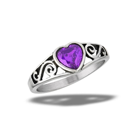 Stainless Steel Amethyst CZ Heart Ring