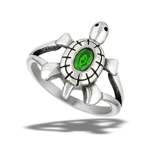Stainless Steel Emerald CZ Turtle Ring