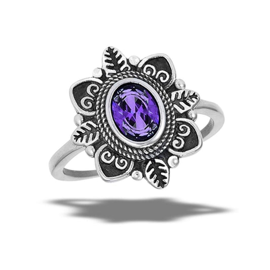Stainless Steel Amethyst CZ Flower Leaf Oxidized Garden Heart Ring Sizes 7-10
